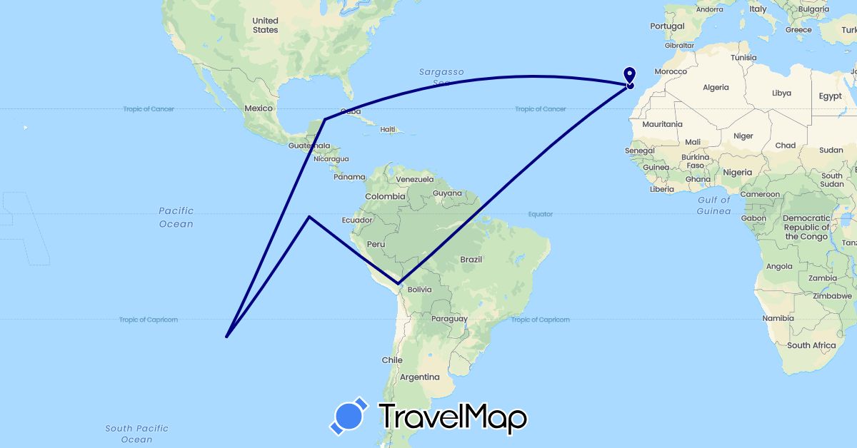 TravelMap itinerary: driving in Chile, Ecuador, Spain, Mexico, Peru (Europe, North America, South America)